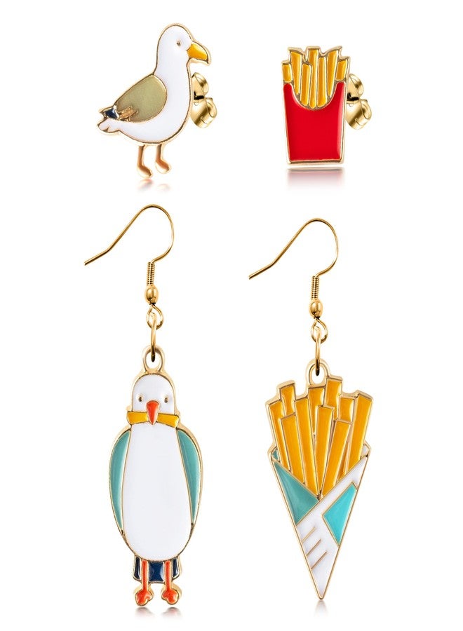BkeeCten Stud Dangle Earrings Set - 2pairs Seagull French Fry Drop Dangle Earrings Mismatched Summer Enamel Stud & Drop Earrings Beach Vacation Piercing Jewelry Gift Women Trendy Men Sensitive Ears - Image 1